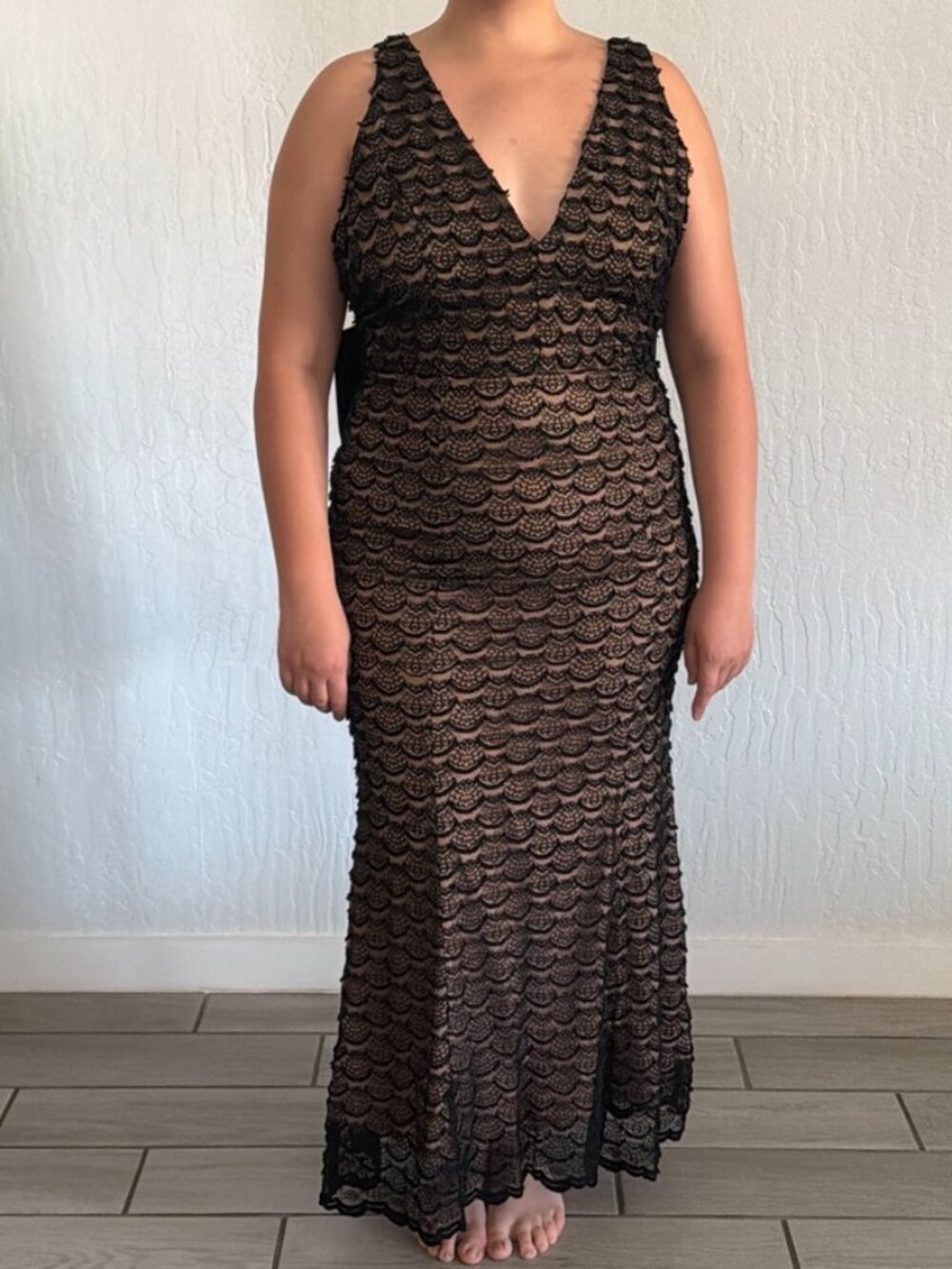 Saks Fifth Avenue Black lace maxi dress with scalloped pattern and satin bow